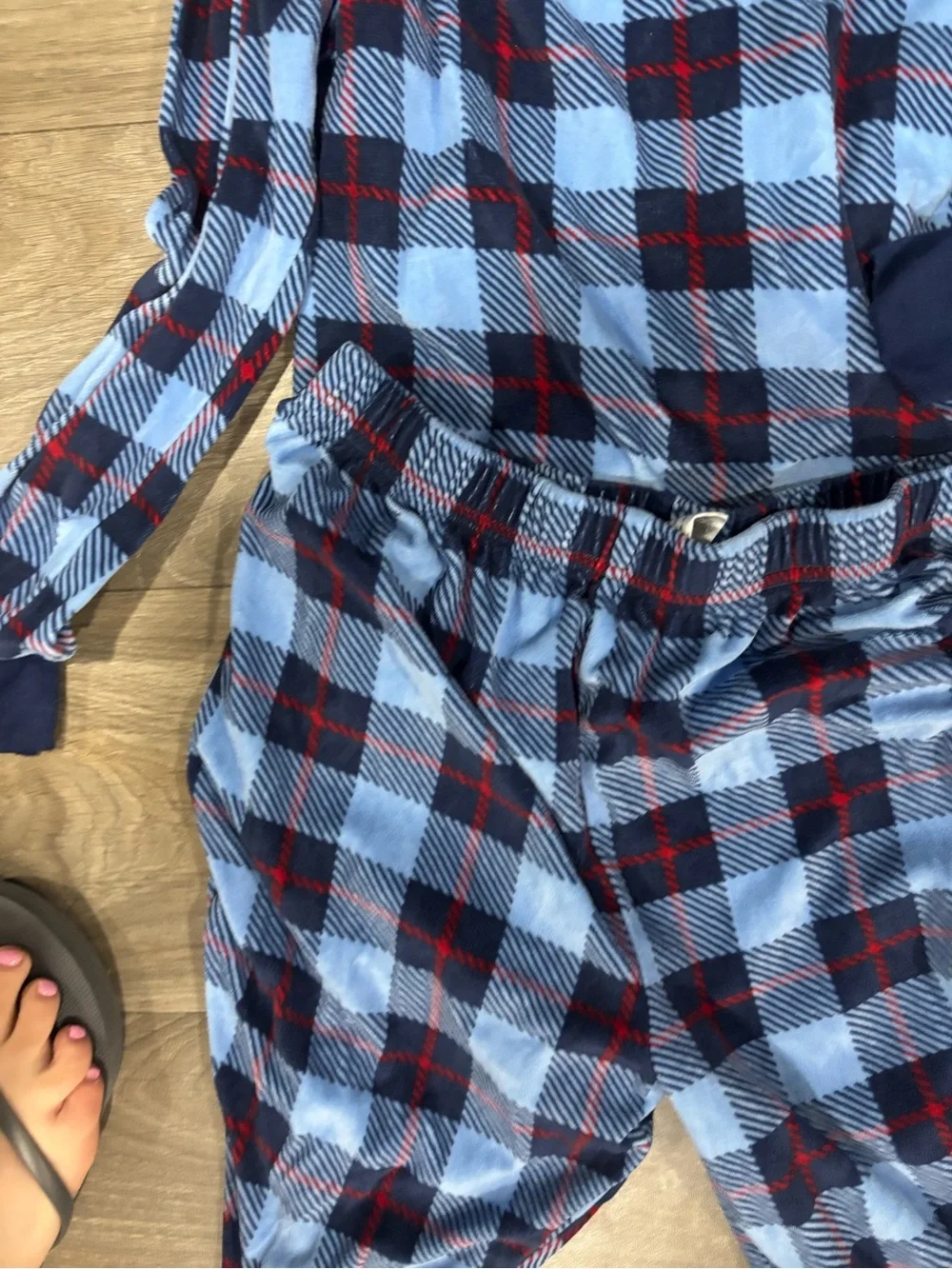 Nautica Blue and Navy Plaid Kids Thermal Pajama Set with Red Accents